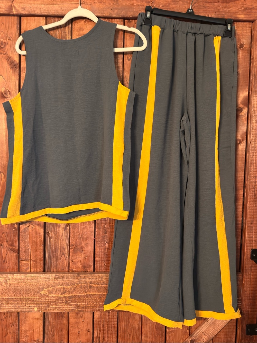 Two-Piece Gray Tank & Wide-Leg Pants with Yellow Trim